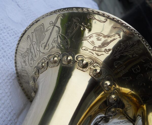 C.Bosc - Natural trumpet without holes, tones D 415 Hz, C 440 Hz, with hand engraved garland and historic tubing - Image 5